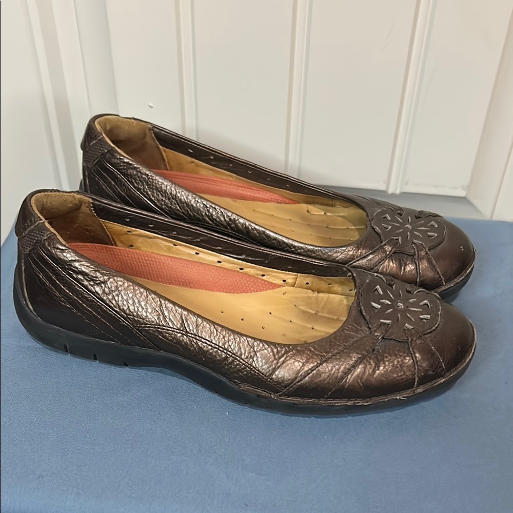 Clarks Brown Leather Flats with Floral Cutout Design